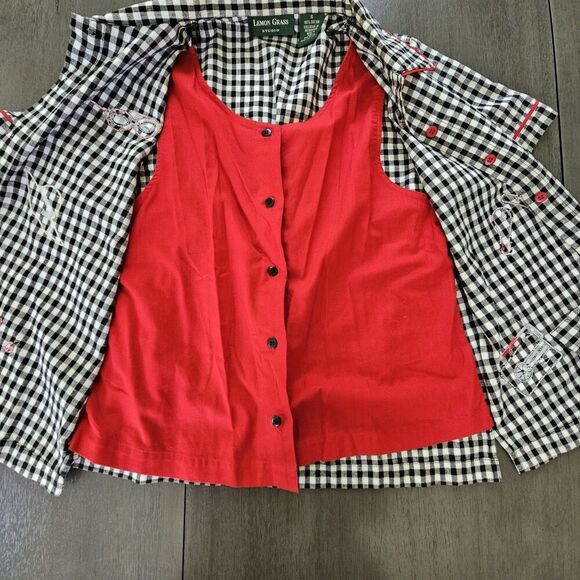 Vtg Lemon Grass Black Gingham Plaid Embroidered Picnic Button-Up Shirt Novelty S - Picture 3 of 12